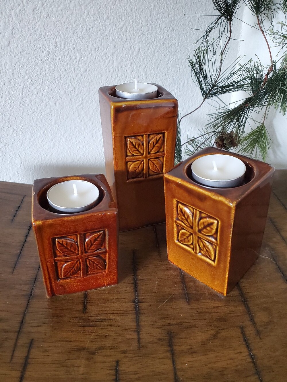 MCM Brown Glazed Ceramic Votive Candle Holders Set 70's Autumn Leaf